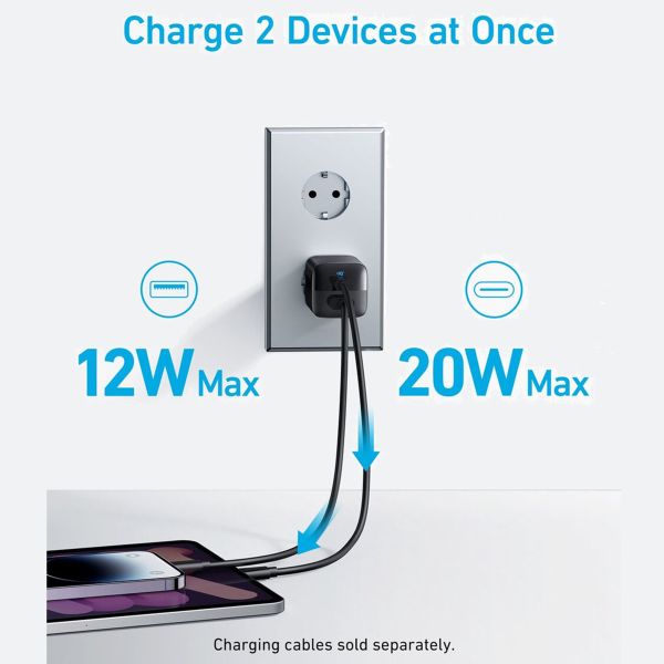 Anker 323 Power Adapter - Snellader met twee poorten - 33 Watt - Zwart