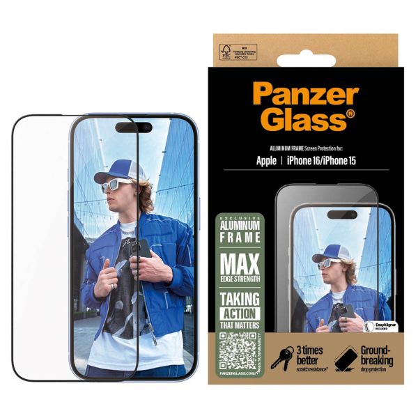 PanzerGlass Screenprotector Aluminium Frame Ultra Wide Fit met applicator iPhone 16