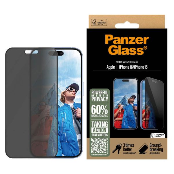 PanzerGlass Privacy Ultra-Wide Fit Anti-Bacterial Screenprotector incl. applicator iPhone 16