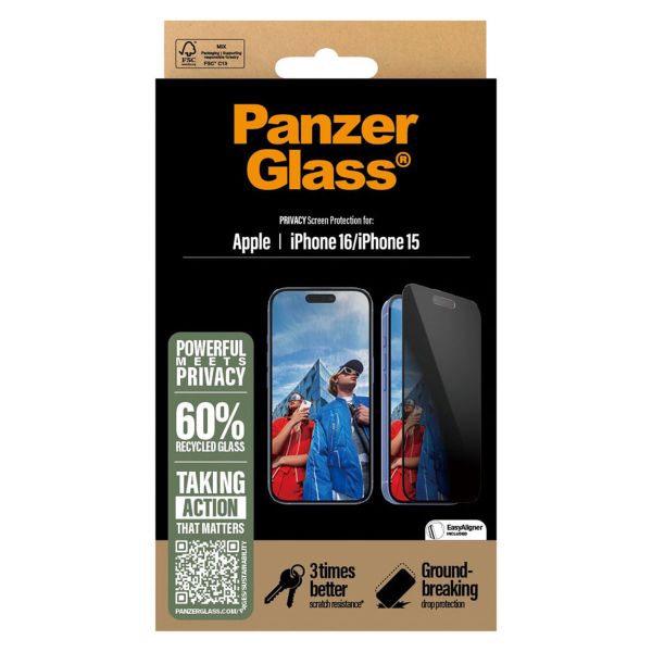 PanzerGlass Privacy Ultra-Wide Fit Anti-Bacterial Screenprotector incl. applicator iPhone 16