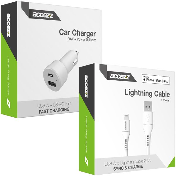 Accezz Car Charger met Lightning naar USB kabel - Autolader - MFi certificering - 20 Watt - 1 meter - Wit