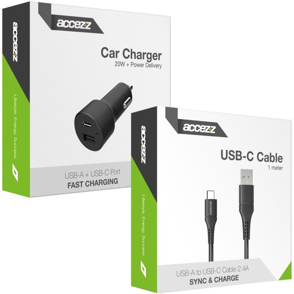 Accezz Car Charger met USB-C naar USB kabel - Autolader - 20 Watt - 1 meter - Zwart