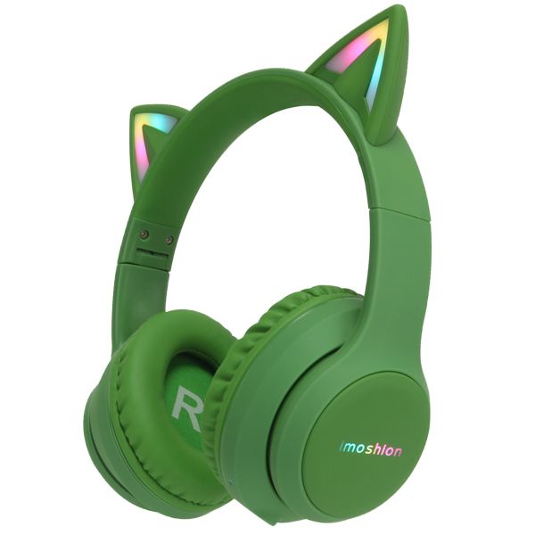 imoshion Kids LED Light Cat Ear Bluetooth Headphones - Kinder koptelefoon - Draadloze koptelefoon + AUX kabel - Groen