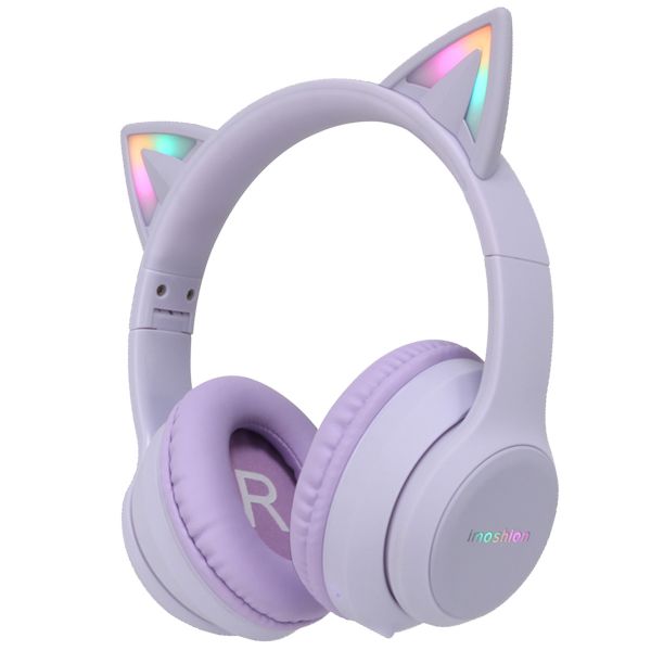 imoshion Kids LED Light Cat Ear Bluetooth Headphones - Kinder koptelefoon - Draadloze koptelefoon + AUX kabel - Lavender Lilac