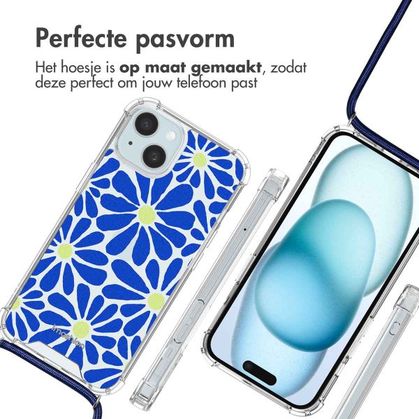 imoshion Design hoesje met koord iPhone 15 - Cobalt Blue Flowers Connect