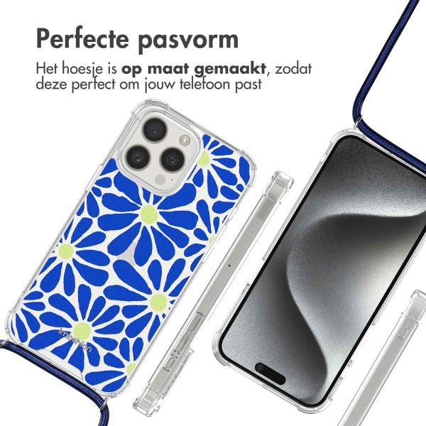 iMoshion Design hoesje met koord iPhone 15 Pro - Cobalt Blue Flowers Connect