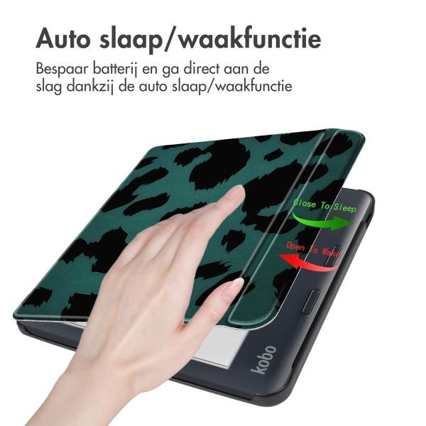 imoshion Design Slim Hard Case Sleepcover met stand Kobo Libra Colour - Green Leopard