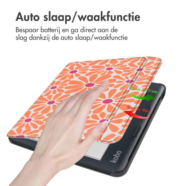 imoshion Design Slim Hard Case Sleepcover met stand Kobo Libra Colour - Orange Flowers Connect