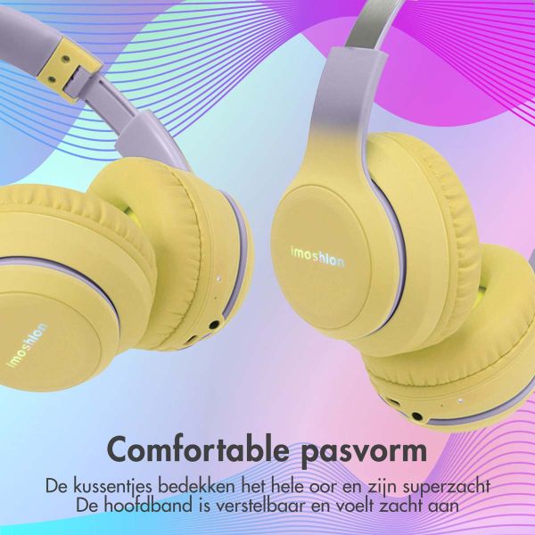 imoshion Kids LED Light Bluetooth Headphones - Kinder koptelefoon met decibelbegrenzer - Draadloze koptelefoon + AUX kabel - Lavender Lilac / Yellow