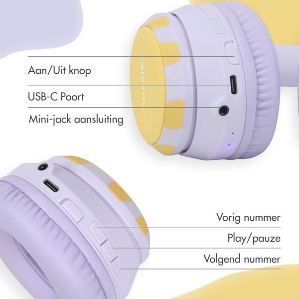 imoshion Kids Dino Bluetooth Headphones - Kinder koptelefoon met decibelbegrenzer - Draadloze koptelefoon + AUX kabel - Lavender Lilac / Yellow