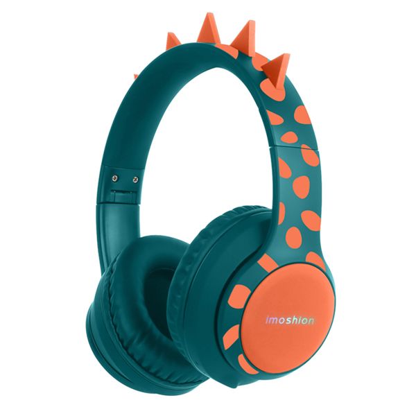 imoshion Kids Dino Bluetooth Headphones - Kinder koptelefoon met decibelbegrenzer - Draadloze koptelefoon + AUX kabel - Petrol Green / Orange