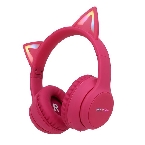 imoshion Kids LED Light Cat Ear Bluetooth Headphones - Kinder koptelefoon - Draadloze koptelefoon + AUX kabel - Hot Pink