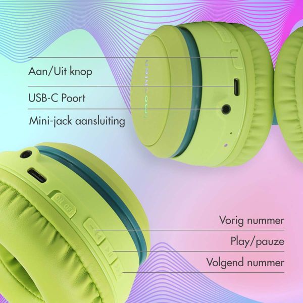 imoshion Kids LED Light Bluetooth Headphones - Kinder koptelefoon met decibelbegrenzer - Draadloze koptelefoon + AUX kabel - Petrol Green / Lime