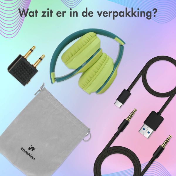 imoshion Kids LED Light Bluetooth Headphones - Kinder koptelefoon met decibelbegrenzer - Draadloze koptelefoon + AUX kabel - Petrol Green / Lime