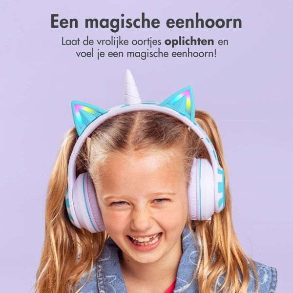 imoshion Kids Unicorn LED Light Bluetooth Headphones - Kinder koptelefoon met decibelbegrenzer - Draadloze koptelefoon + AUX kabel - Lavender Lilac / Soft Blue