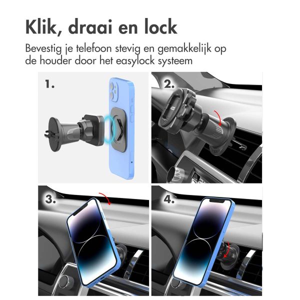 Accezz EasyLock telefoonhouder auto - inclusief hoesje iPhone 15 Pro - Ventilatierooster - 360 graden draaibaar - Zwart