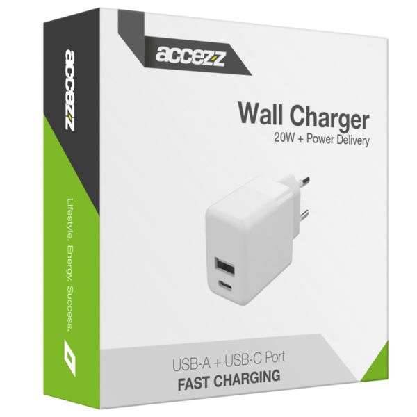 Accezz Wall Charger iPhone 11 Pro Max - Oplader - USB-C en USB aansluiting - Power Delivery - 20 Watt - Wit