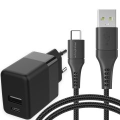 iMoshion Wall Charger met USB-C naar USB kabel Samsung Galaxy S22 - Oplader - Gevlochten textiel - 20 Watt - 1,5 meter - Zwart