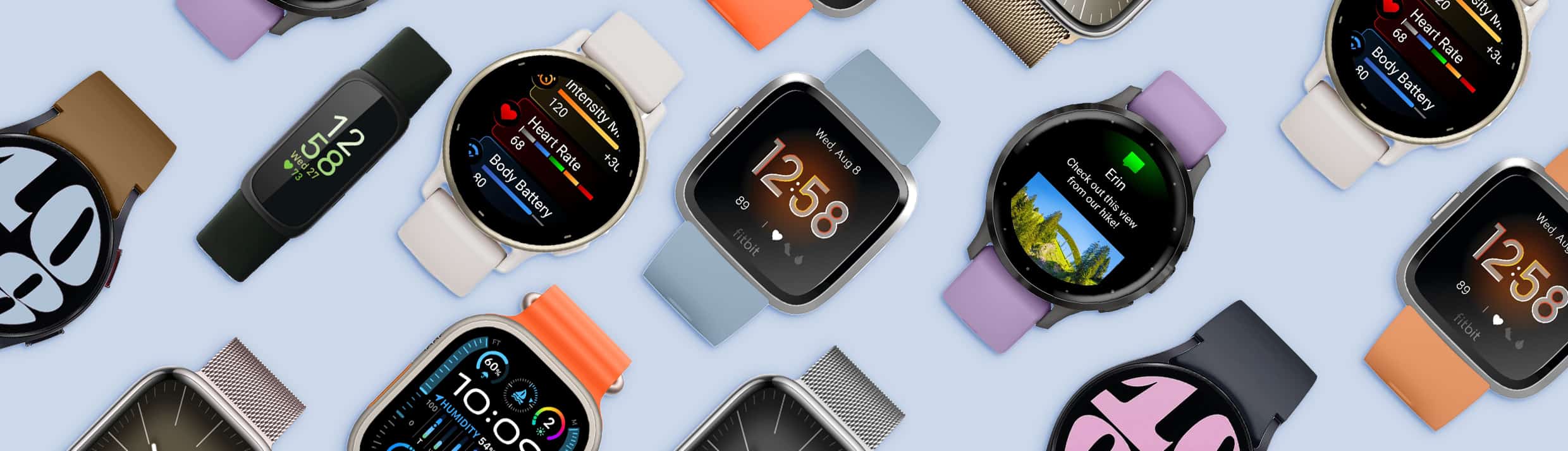 verschillende modellen smartwatches op een blauwe achtergrond. Onder andere Apple watch samsung galaxy watch en fitbit