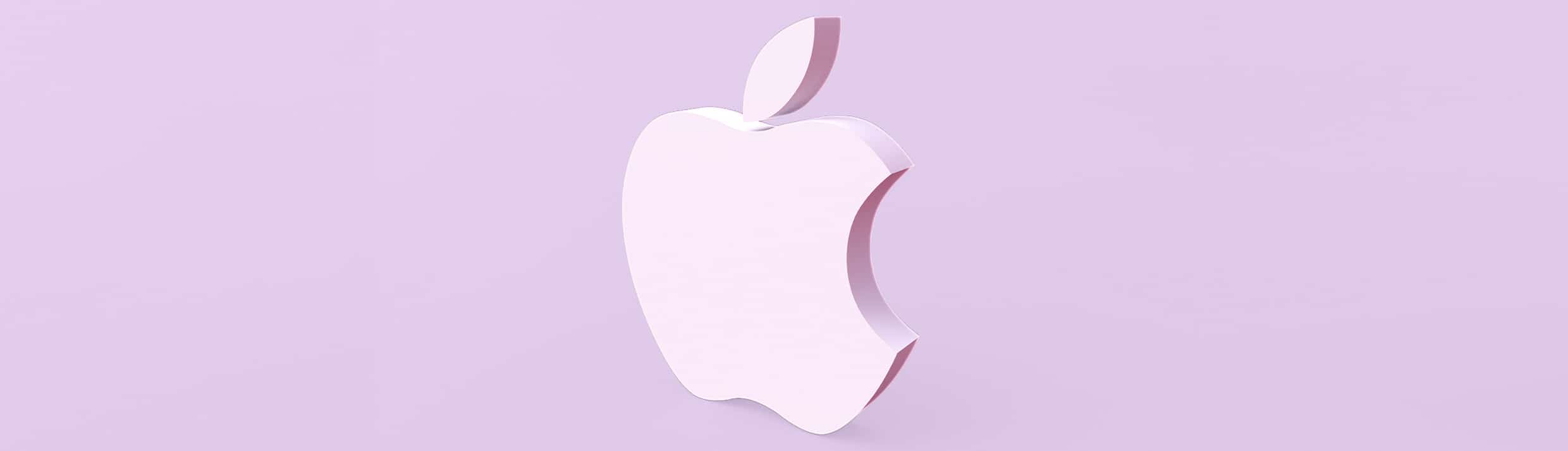 Het Apple logo is centraal gepositioneerd, het logo is een lichtpaarse kleur die ook op de achtergrond te zien is.