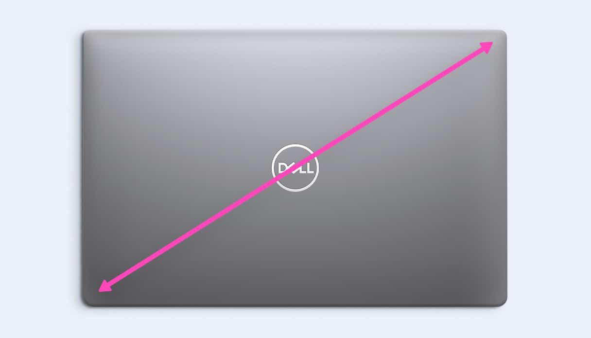 Een Windows laptop van Dell, wordt opgemeten met meetlint om erachter te komen hoeveel inchmaat de Dell laptop is.