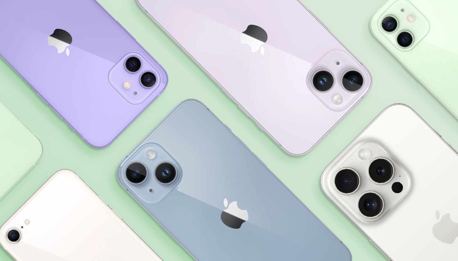 Verschillende kleuren en modellen iPhones op een groene achtergrond. Ze liggen met de achterkant naar boven, dus je ziet de lenzen en Apple-logo's.