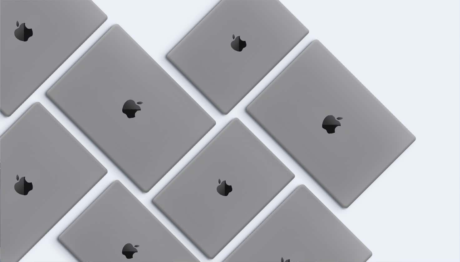 Een flatlay van verschillende MacBooks, de Apple MacBooks hebben verschillende formaten en de soort MacBook.