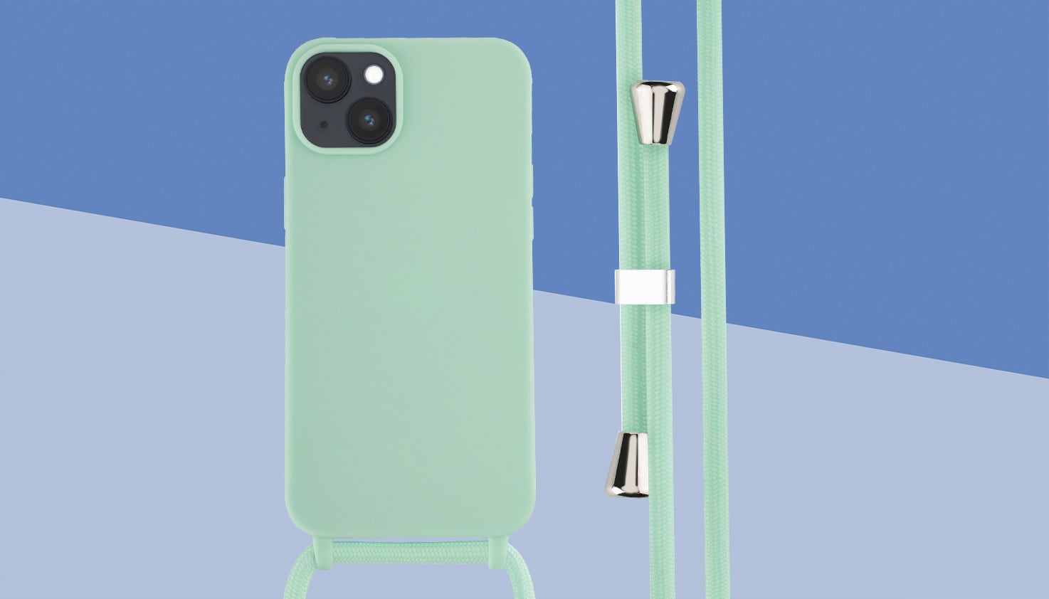 Een iPhone met een telefoonhoesje met koord, de achtergrond is blauw.