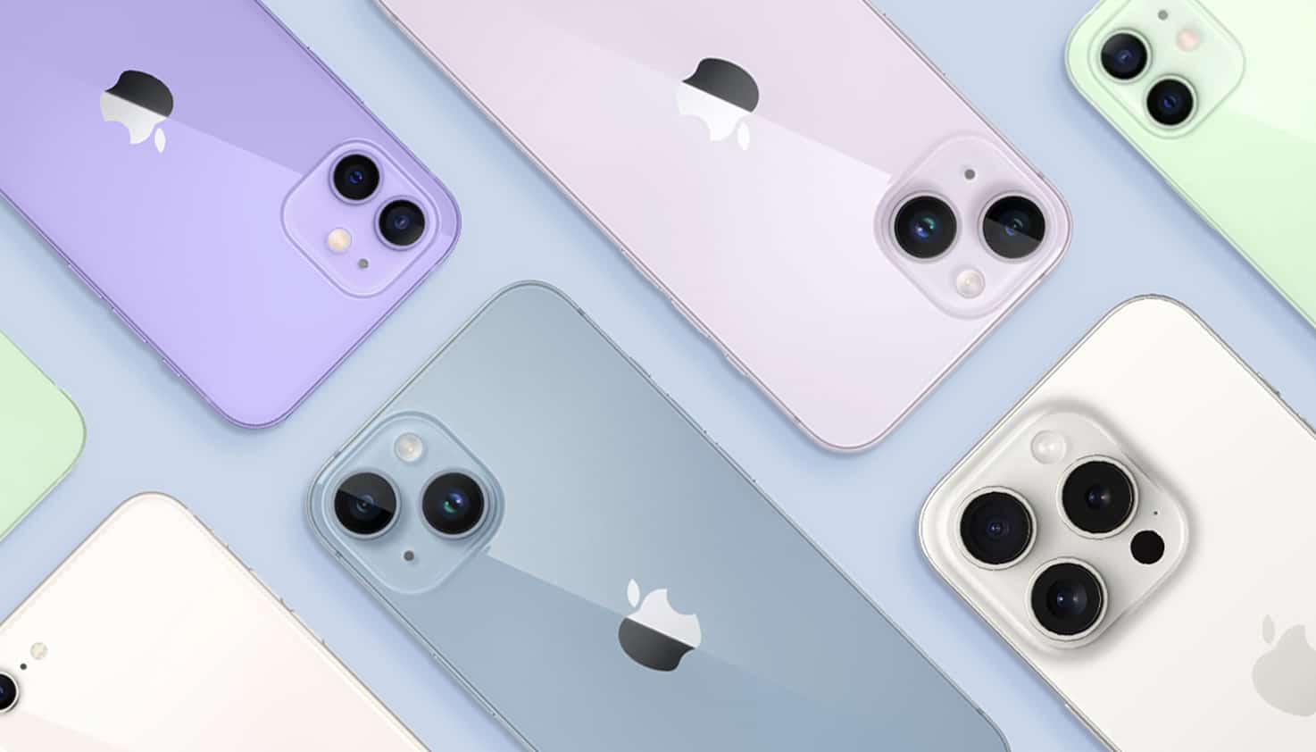 Een flatlay van verschillende iPhone modellen in diverse kleuren.