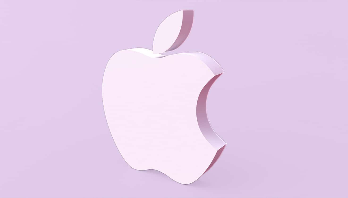 Het Apple logo is centraal gepositioneerd, het logo is een lichtpaarse kleur die ook op de achtergrond te zien is.