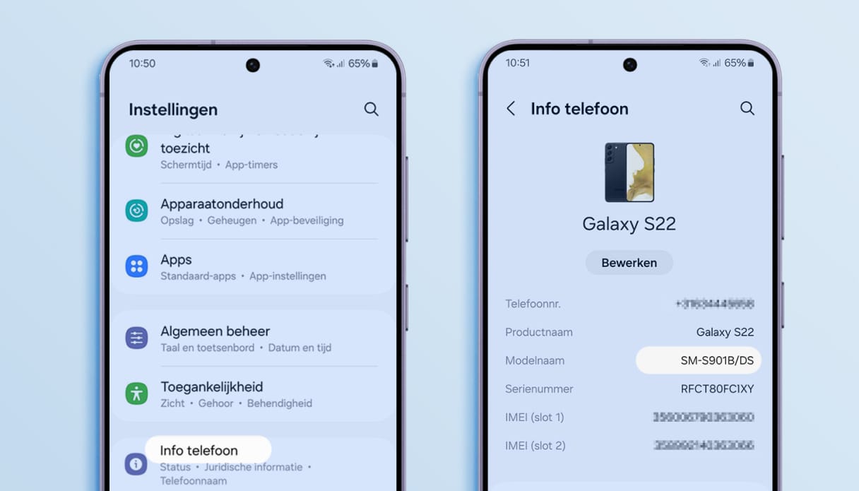 Samsung beeldschermen met uitleg over het vinden van een modelnaam of -nummer via de instellingen.