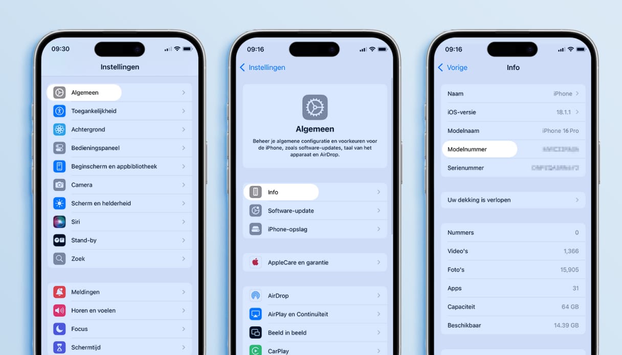 iPhone beeldschermen met uitleg over het vinden van een modelnummer via de instellingen.