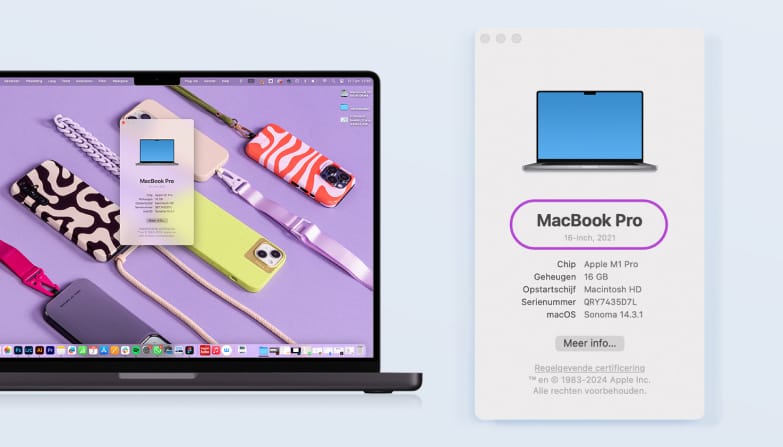 Macbook beeldscherm met uitleg over het vinden van een modelnummer via het Apple menu.