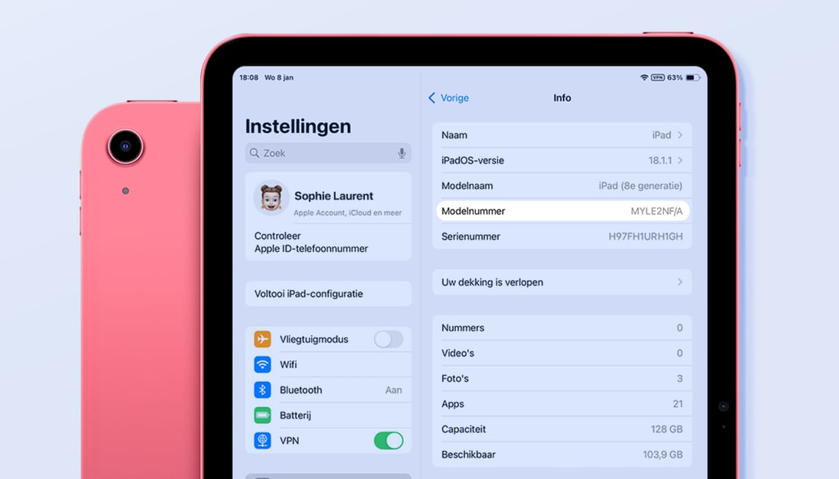 iPad beeldscherm met uitleg over het vinden van een modelnummer via de instellingen.