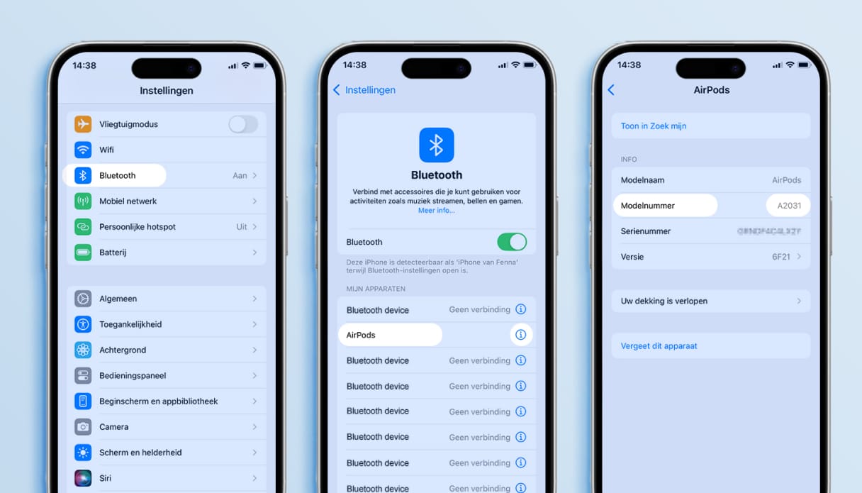 Drie iPhones naast elkaar waarop je het stappenplan ziet om te achterhalen welke AirPods jij hebt.