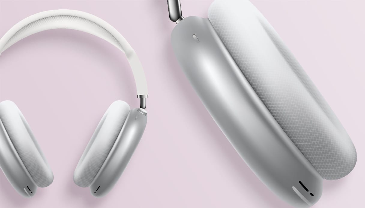 Apple AirPods Max zijn volledig in beeld en het linkeroor is ingezoomd.