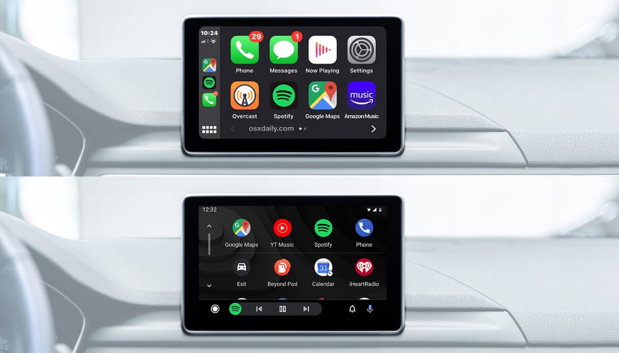 Verschillen tussen Apple CarPlay en Android Auto iconen worden getoond.