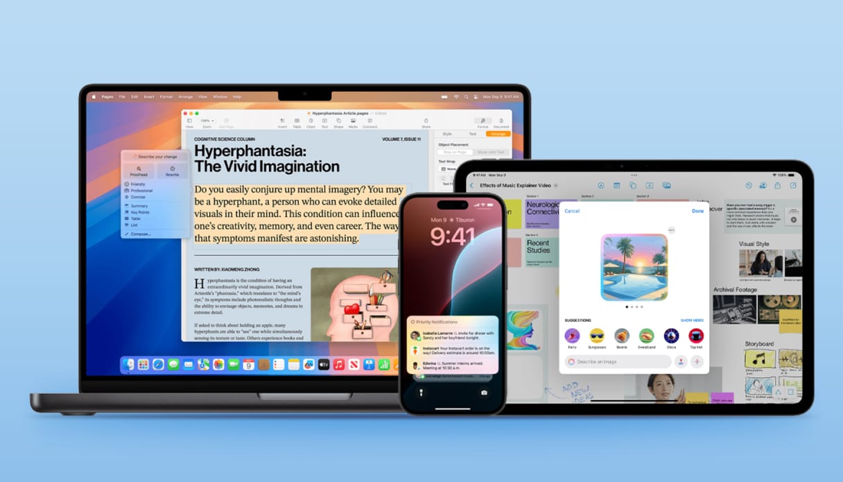 Een Apple MacBook, Apple iPad en een Apple iPhone met Apple Intelligence op het scherm.