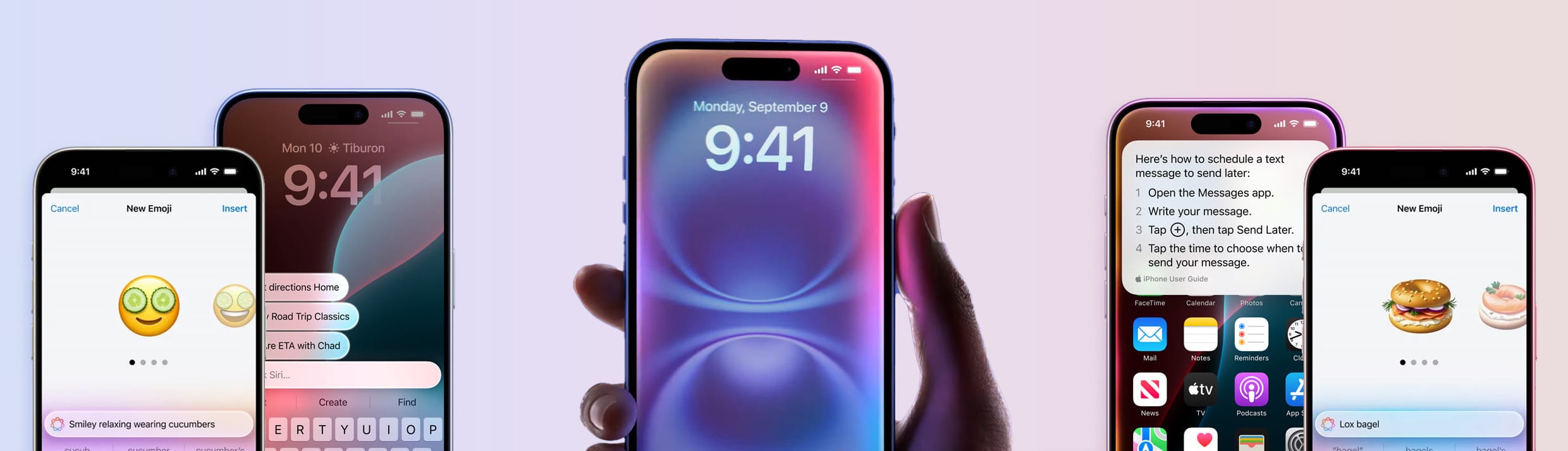 Meerdere Apple iPhones met de verschillende Apple Intelligence mogelijkheden.