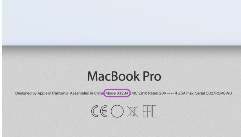 Onderkant Macbook waar het modelnummer te vinden is.