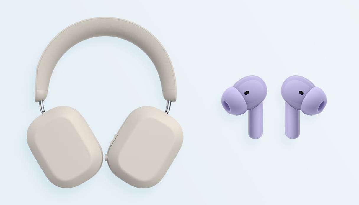 Apple AirPods Max en de imoshion Aura Pro Draadloze In-ear Oordopjes in Lavender Lilac.