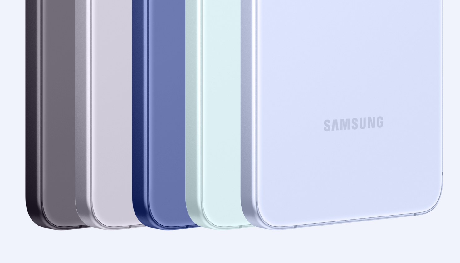 Vijf Samsung telefoons in verschillende pastelkleuren.