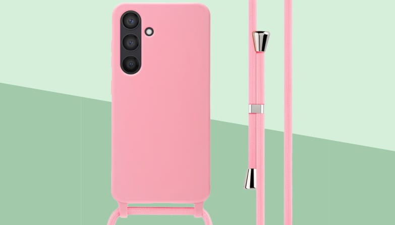 Roze telefoonhoesje met koord.